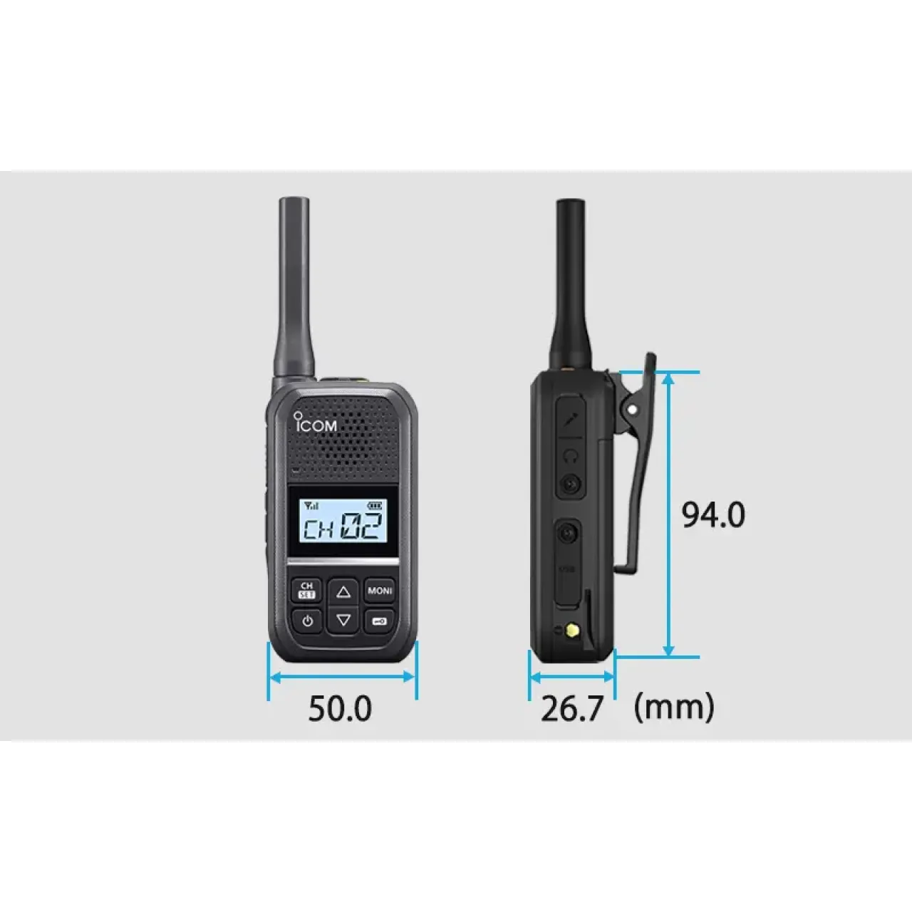 Portatif sans licence norme PMR446 IC-U20SR. Photo dimensions